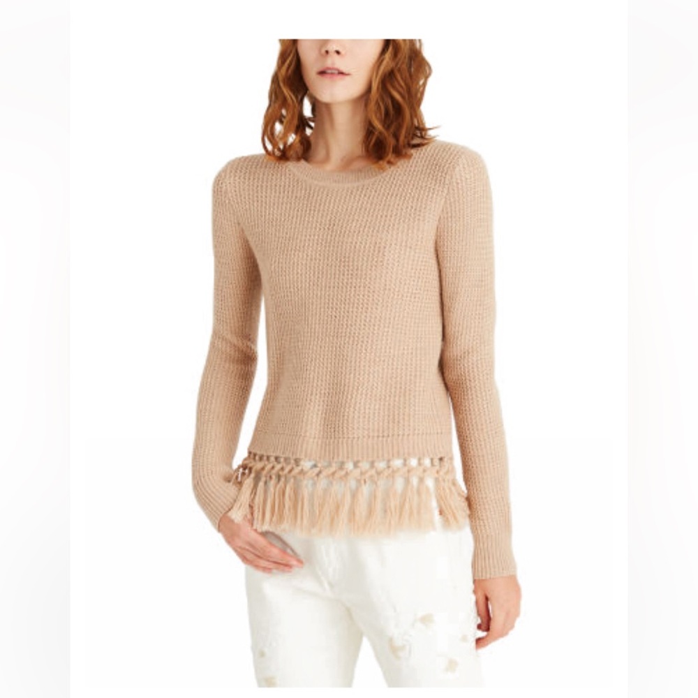Club Monaco Tan Knit Crewneck Fringe Sweater